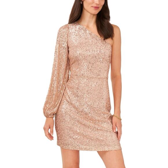 NWT 1. State Rose Gold Sequin One Sleeve Cocktail Mini Dress - Picture 1 of 8